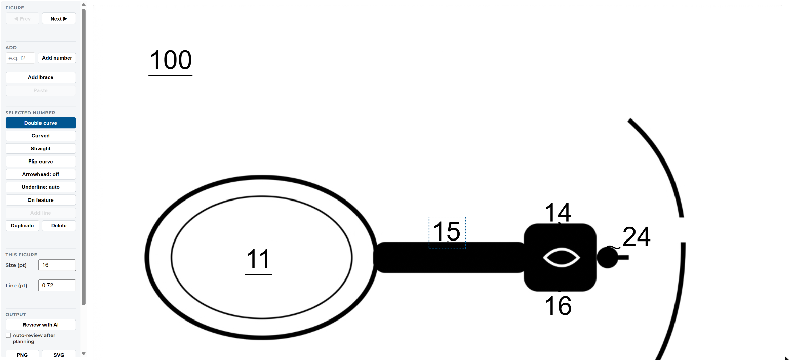 Reference-number annotation editor with leader-style, arrowhead, and AI review controls