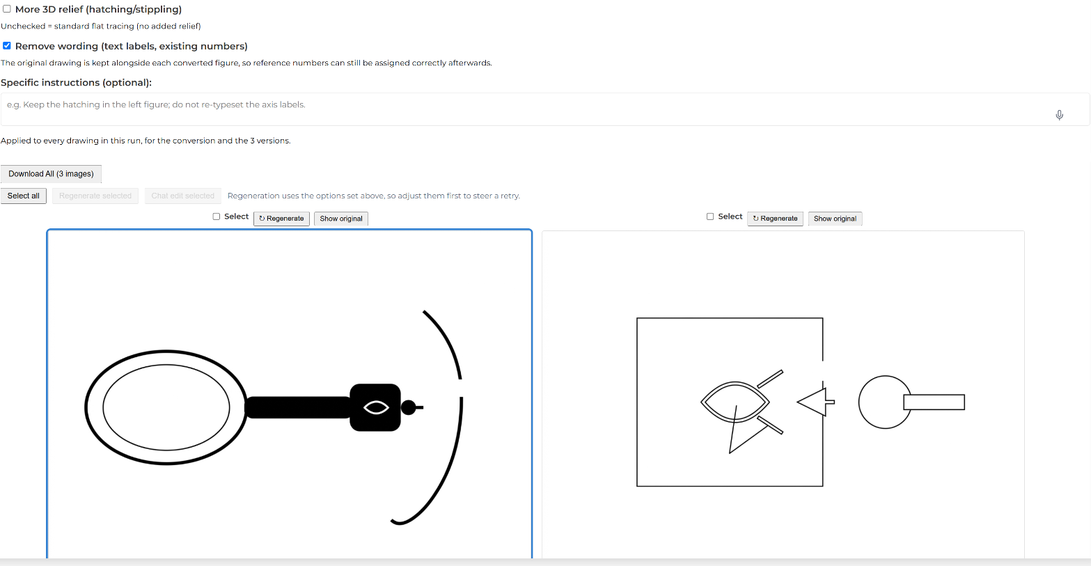Make Drawings B/W gallery with Remove wording, Regenerate and Show original controls
