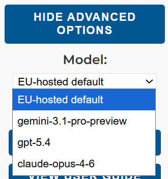 Advanced options showing the current model dropdown with the EU-hosted open-source option selected