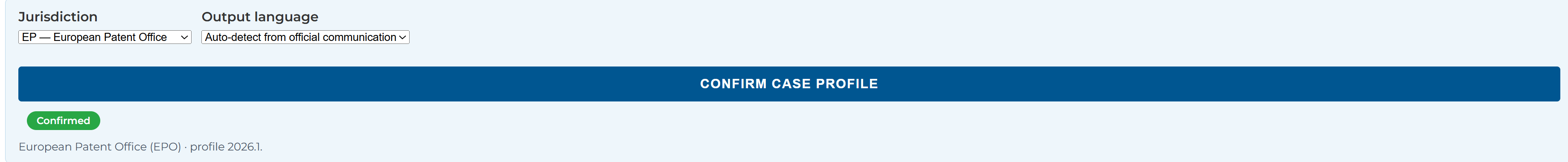 Case profile bar with jurisdiction and language confirmed
