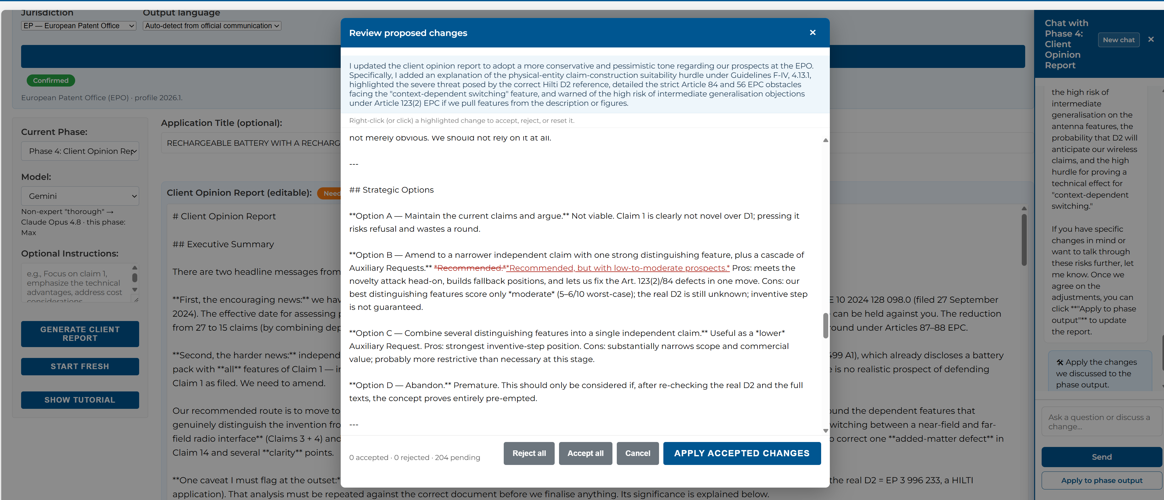 Chat panel with track-changes review of proposed edits