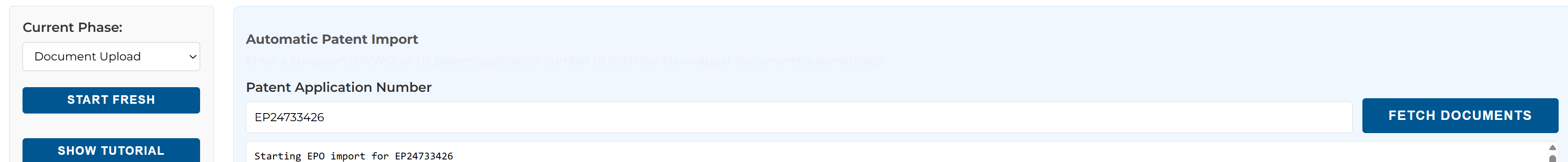 Automatic Patent Import panel with an application number entered