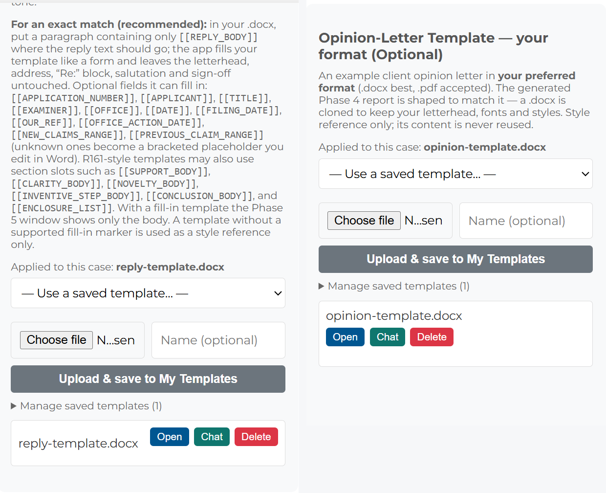 Personal template library with saved reply and opinion-letter formats