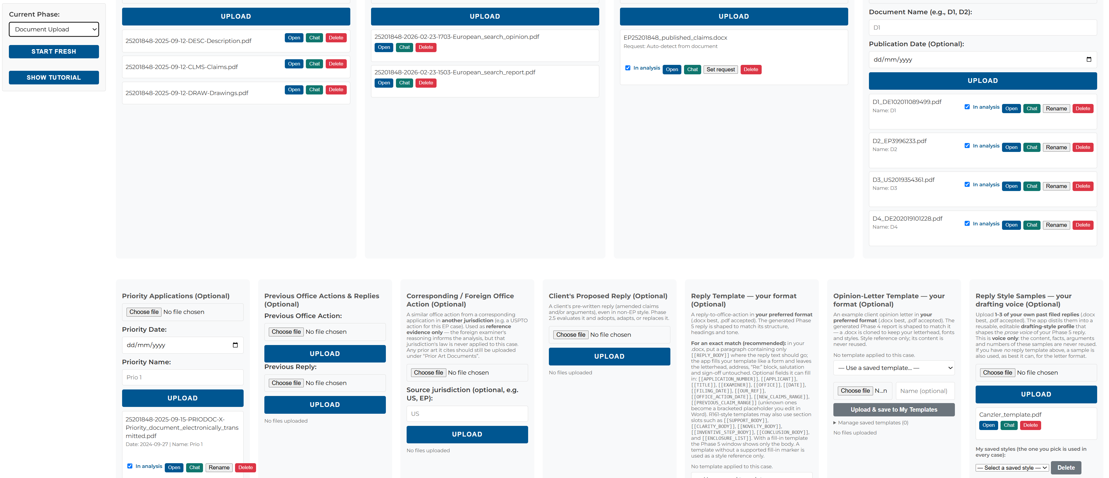 Document upload grid with application, office action, claims and prior art