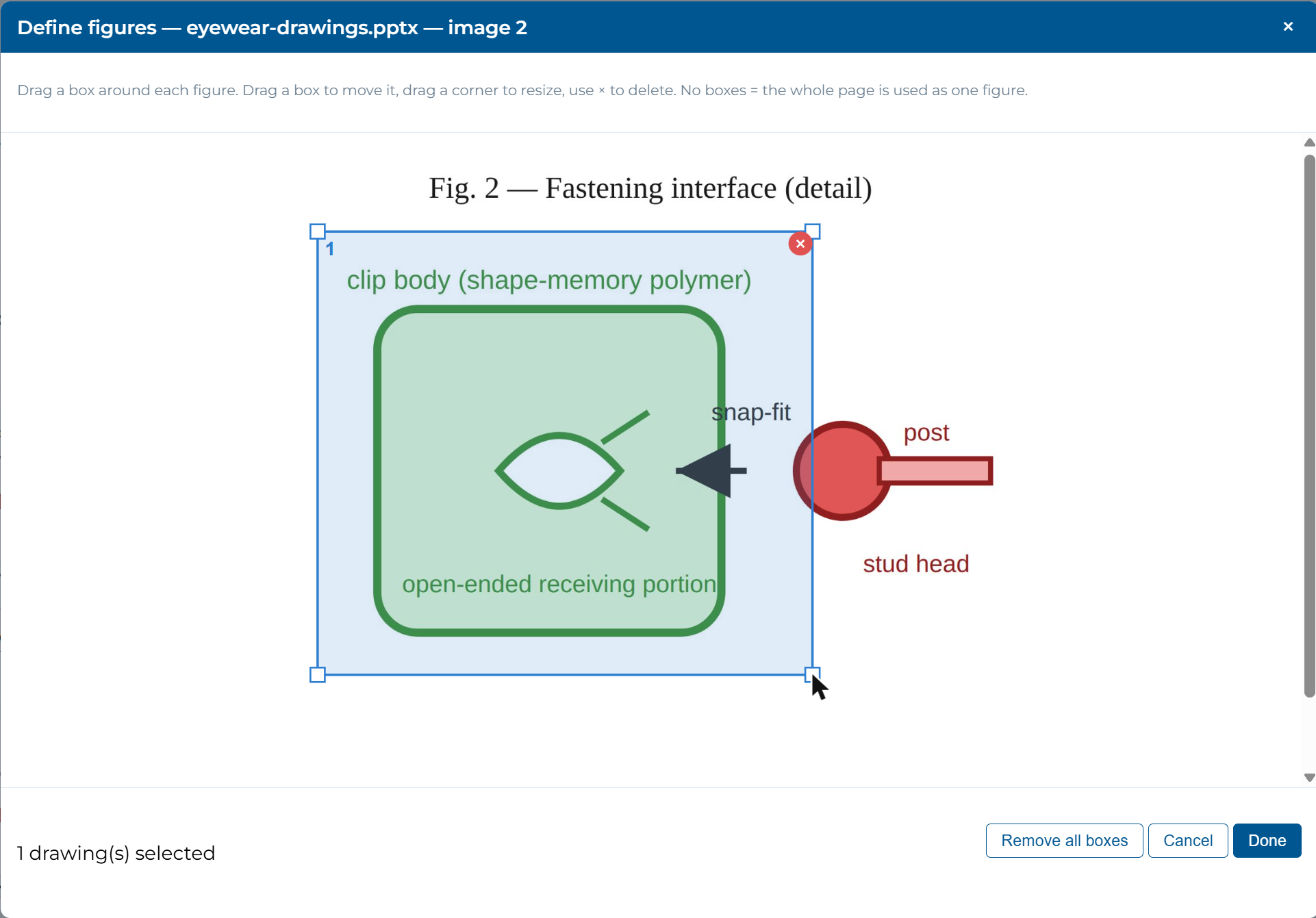 Box-define crop tool with a page render and a draggable box marking a figure as Fig. 2