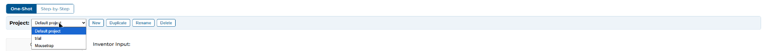 Web Drafter project bar showing rename, duplicate, and delete controls with the One-Shot / Step-by-Step mode switch