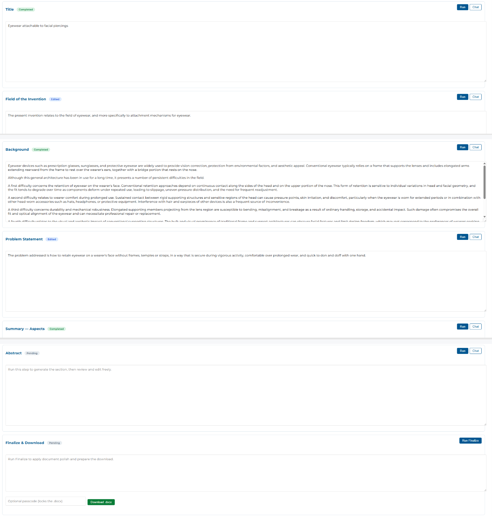 Step-by-Step mode section list showing per-section status badges (Pending, Completed, Edited, Needs Review) and a Finalize button